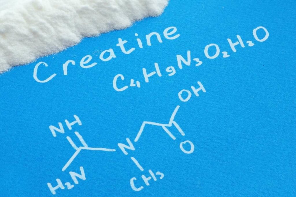 Poudre de monohydrate de créatine et structure chimique de la créatine.